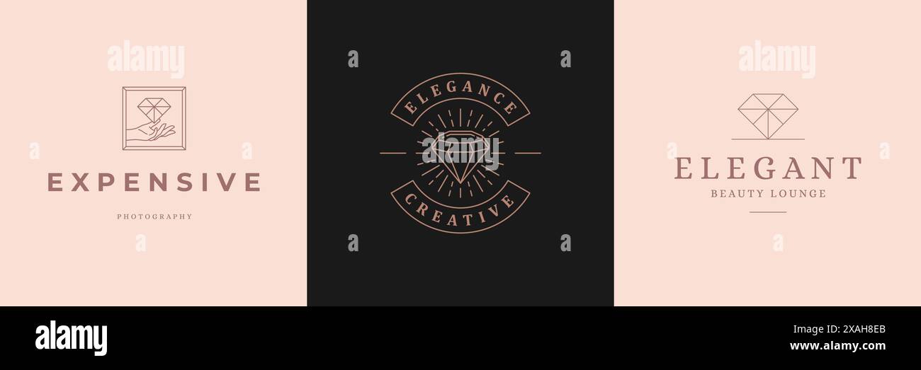 Diamant-Logos-Vorlagen setzen lineare Vektorillustration. Elegantes feminines Emblem-Design für Kosmetikverpackungen oder Schmuckprodukte im Stil der Linie Art. Stock Vektor