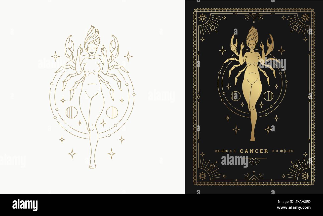 Zodiac Krebs Mädchen Charakter Horoskop Zeichen Linie Kunst Silhouette Design Vektor Illustration. Schöne Frau als goldenes Tierkreissymbol mit Rahmen Stock Vektor