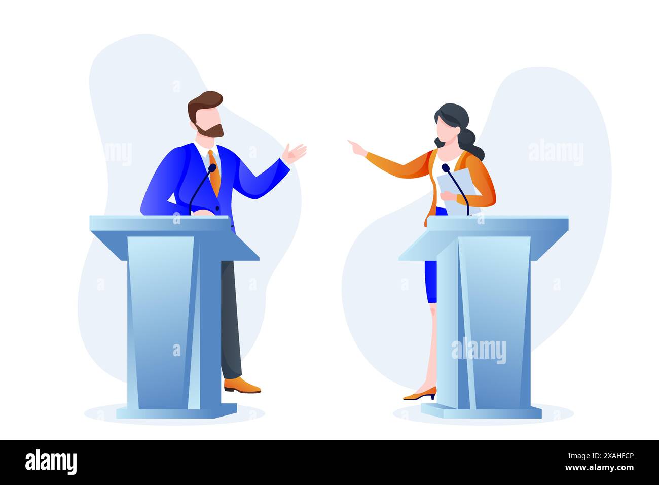 Männliche und weibliche Redner stehen auf dem Podium. Vektor-Illustration von Politikern, die auf der Bühne diskutieren. Geschäftsleute bei einer Konferenz. Kandidat Stock Vektor