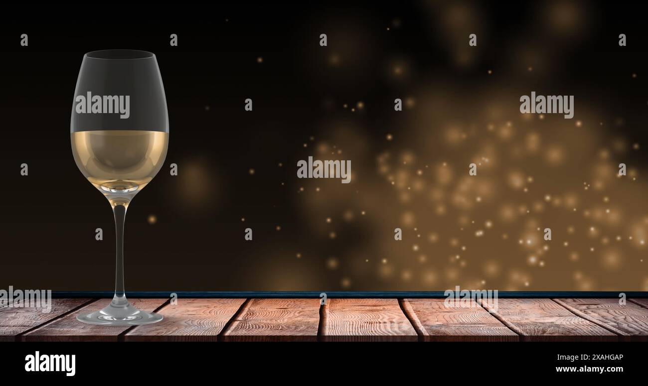Bild von Lichtern über Glas mit Weißwein auf schwarzem Hintergrund Stockfoto