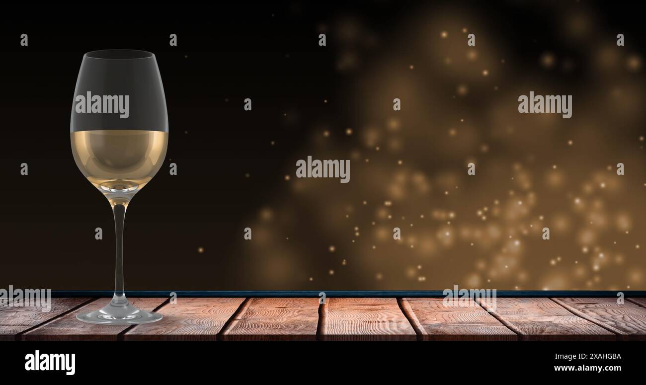 Bild von Lichtern über Glas mit Weißwein auf schwarzem Hintergrund Stockfoto