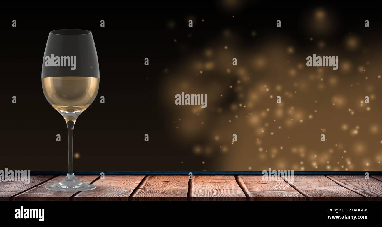 Bild von Lichtern über Glas mit Weißwein auf schwarzem Hintergrund Stockfoto