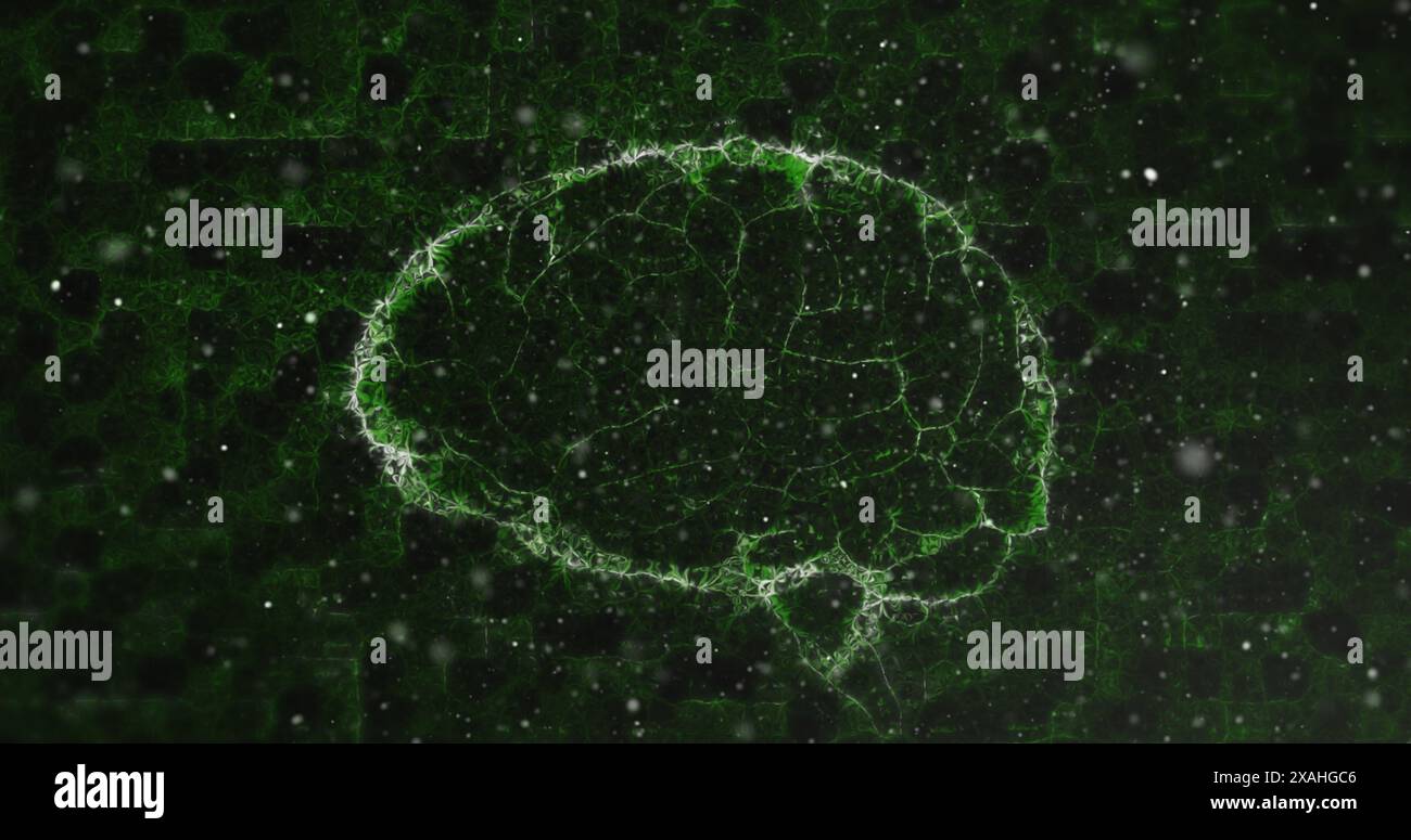 Weiße Flecken über dem menschlichen Gehirn, die sich vor grünem Hintergrund drehen Stockfoto