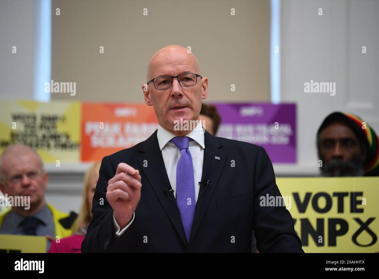 Der erste Minister John Swinney hält eine Rede in Glasgow, während er sich auf dem Wahlkampfpfad der General Election befindet. Bilddatum: Freitag, 7. Juni 2024. Stockfoto