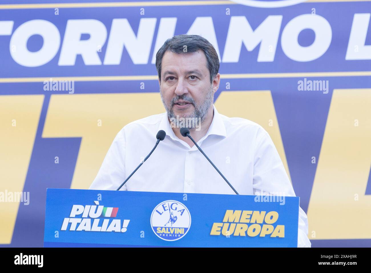 Rom, Italien. Juni 2024. Die Sekretärin von Lega Matteo Salvini auf der Piazza Santi Apostoli in Rom während des Abschlusses der Lega Wahlkampagne für die Europawahlen (Foto: © Matteo Nardone/Pacific Press via ZUMA Press Wire) NUR REDAKTIONELLE VERWENDUNG! Nicht für kommerzielle ZWECKE! Stockfoto