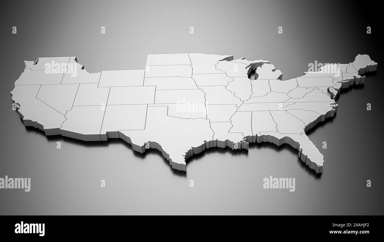 3D-Rendering der USA-Karte auf reflektierender Oberfläche Stockfoto