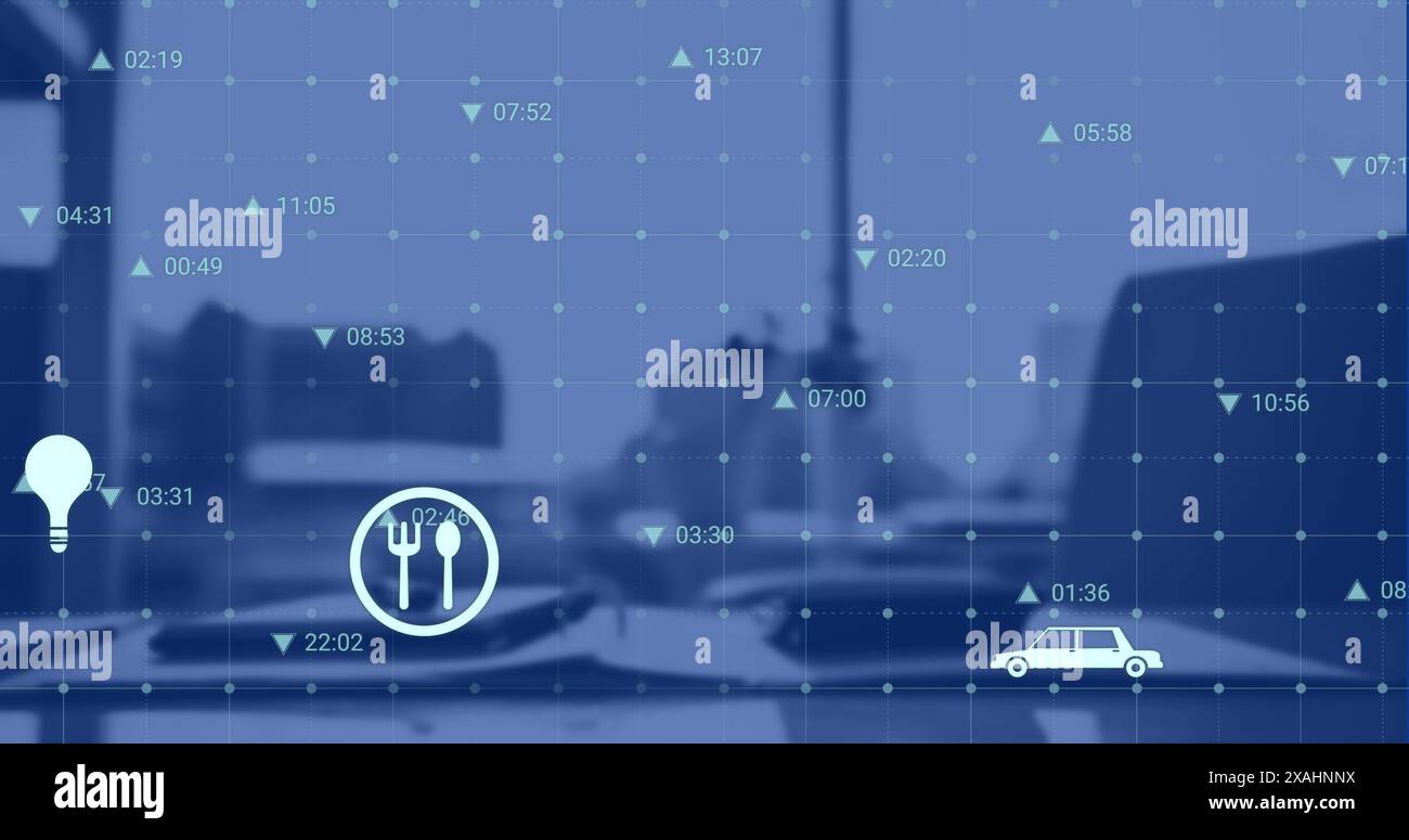 Abbildung mehrerer digitaler Symbole über das Grid-Netzwerk gegen den Bürotisch Stockfoto