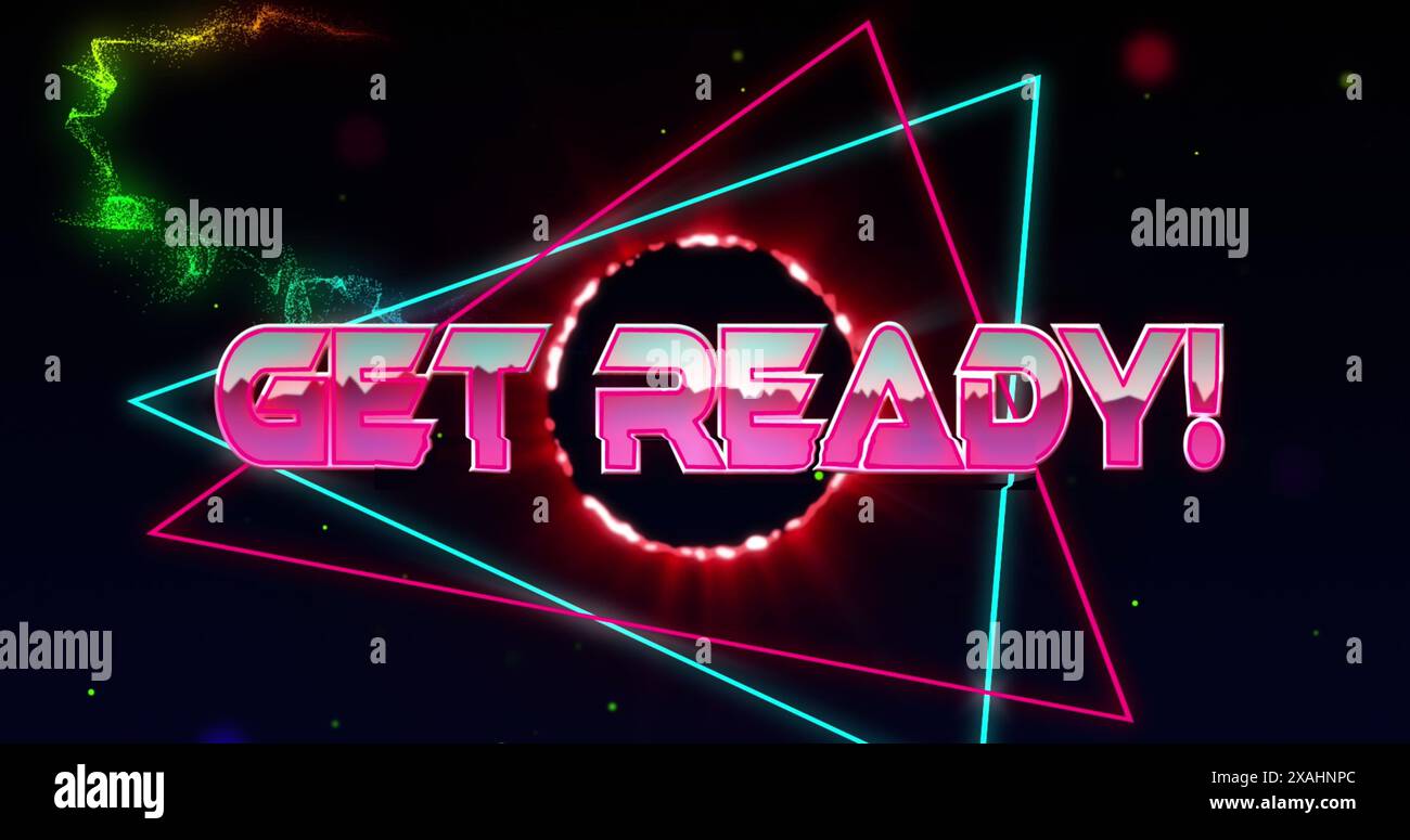 Bild von „Get Ready“-Text über Dreiecken über Kreisen gegen Wellenmuster auf abstraktem Hintergrund Stockfoto