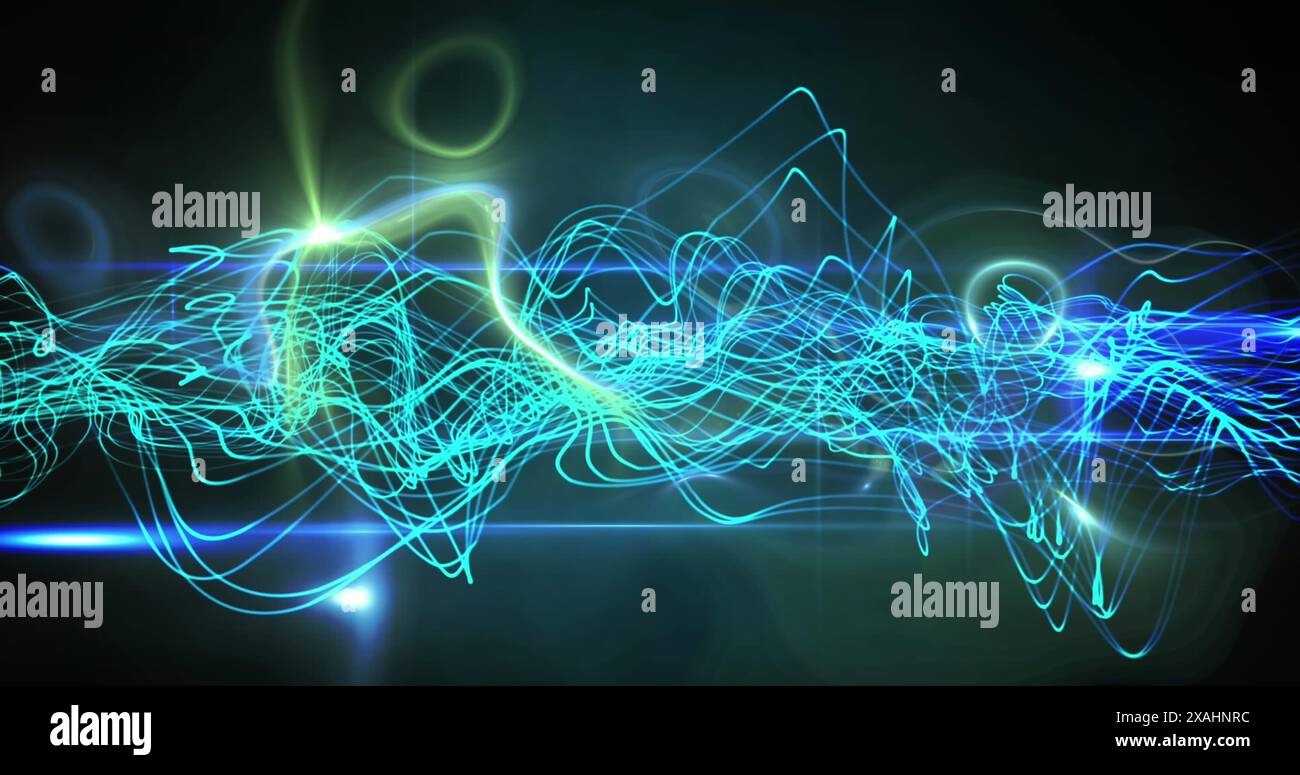 Bild des Starttextbanner über blau leuchtender digitaler Welle und Lichtspuren auf schwarzem Hintergrund Stockfoto