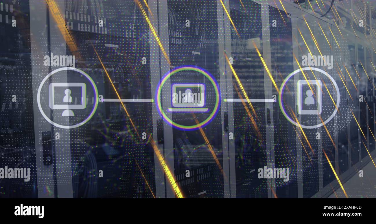 Abbildung von Symbolen, die mit Linien über herabfallenden abstrakten Mustern gegen Server-Racks verbunden sind Stockfoto