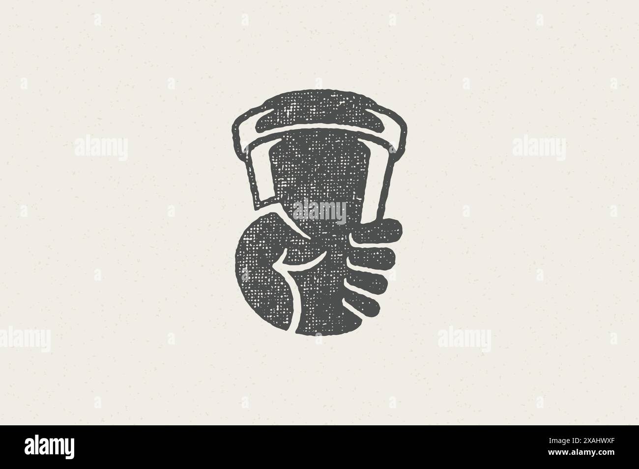 Silhouette der menschlichen Hand, die eine Tasse Kaffee zum Mitnehmen trägt, um morgens zu gehen Hand gezeichnete Stempeleffekt-Vektor-Illustration. Vintage-Grunge-Textur für Pack Stock Vektor