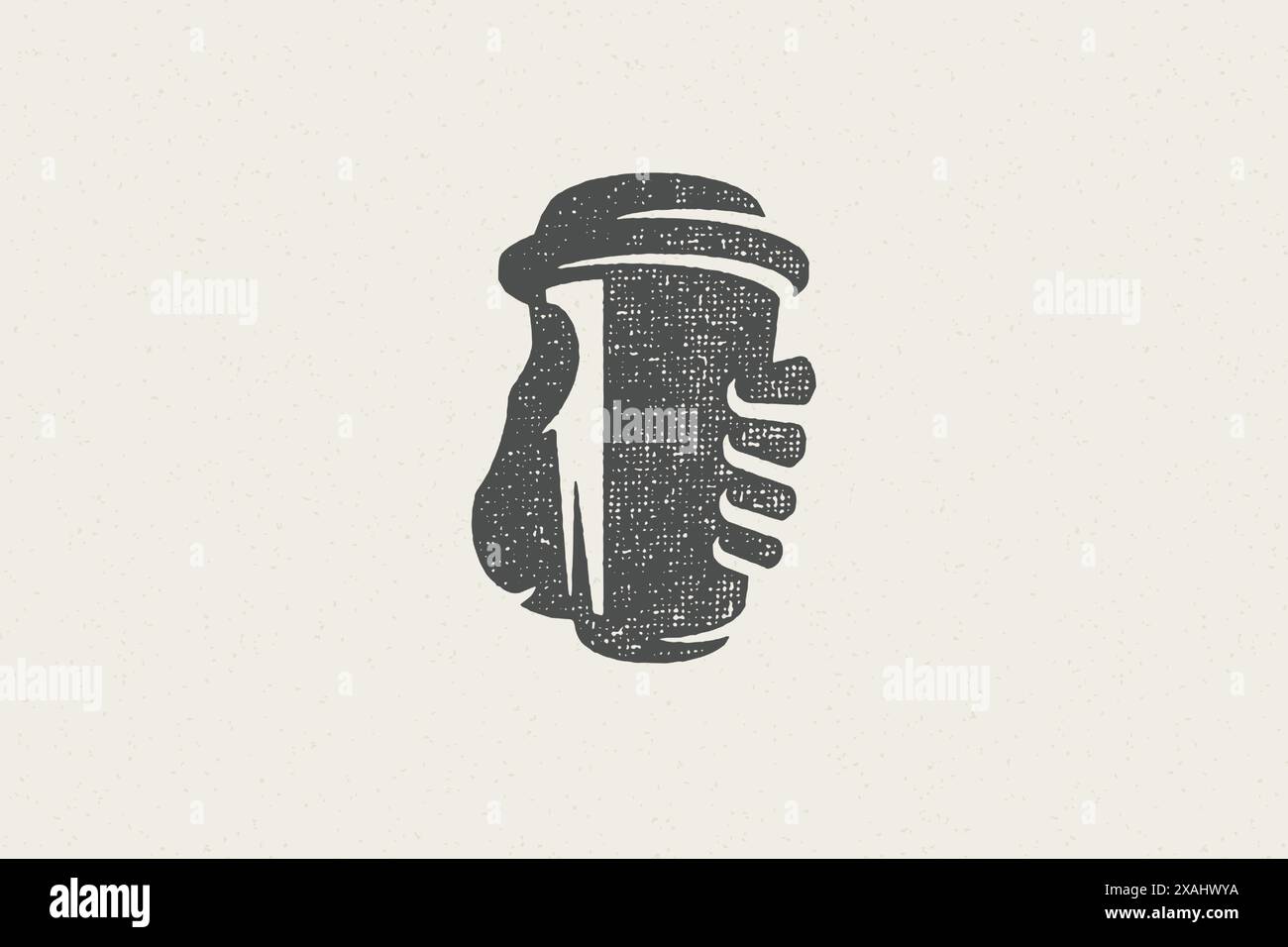 Silhouette der menschlichen Hand, die eine Tasse Kaffee zum Mitnehmen trägt, um morgens zu gehen Hand gezeichnete Stempeleffekt-Vektor-Illustration. Vintage-Grunge-Textur für Pack Stock Vektor