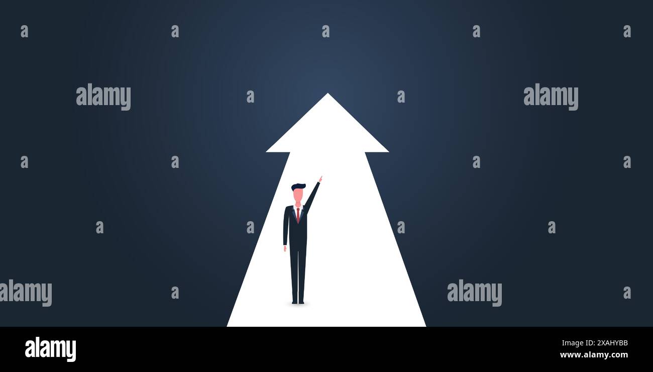 Neue Möglichkeiten, Hoffnung, Träume - Geschäftserfolge, Lösungsfindung - Mann steht auf einem großen Pfeil - Vektordarstellung Stock Vektor