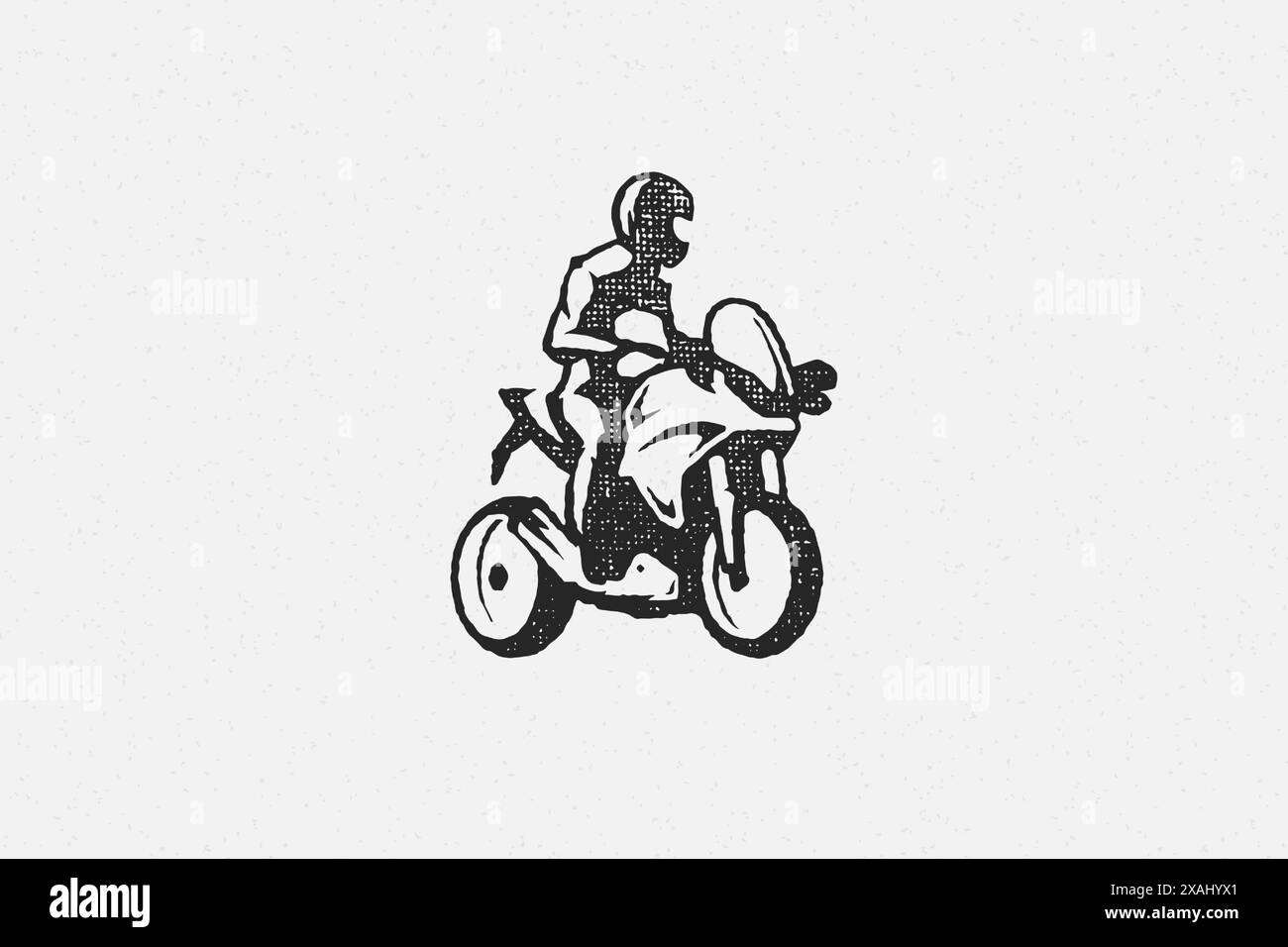Mann Fahrer auf Superbike Motorrad Silhouette Hand gezeichnet Tinte Stempel Vektor Illustration. Mann trägt Rennanzug und Helmfahrt auf Motorrad Emblem gr Stock Vektor