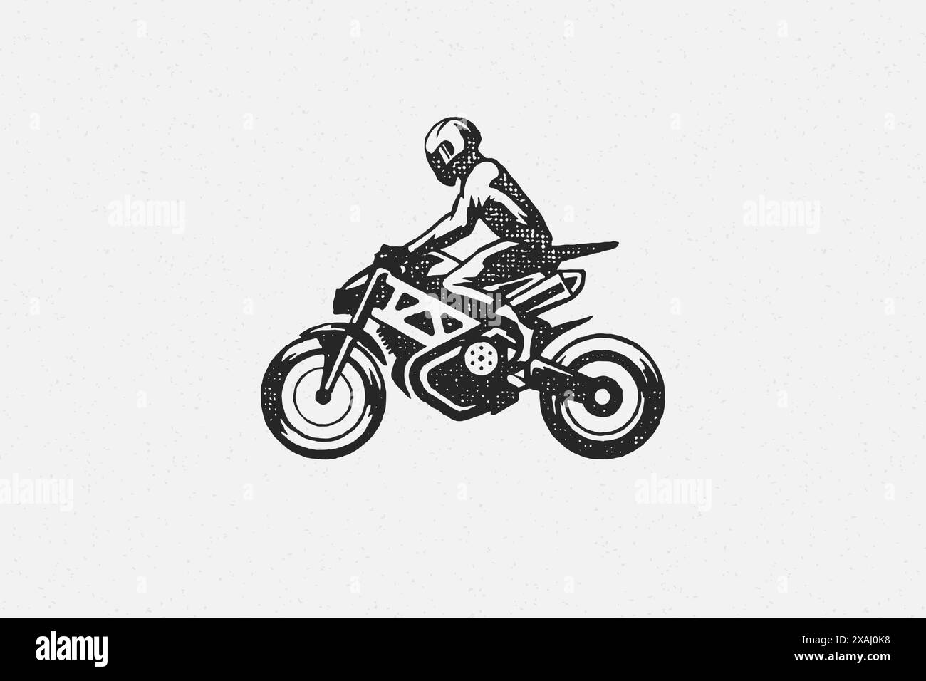 Mann Fahrer auf Motorrad Silhouette Hand gezeichnete Tinte Stempel Vektor Illustration. Männer tragen Rennanzug und Helm fahren auf Motorrademblem Grunge textu Stock Vektor
