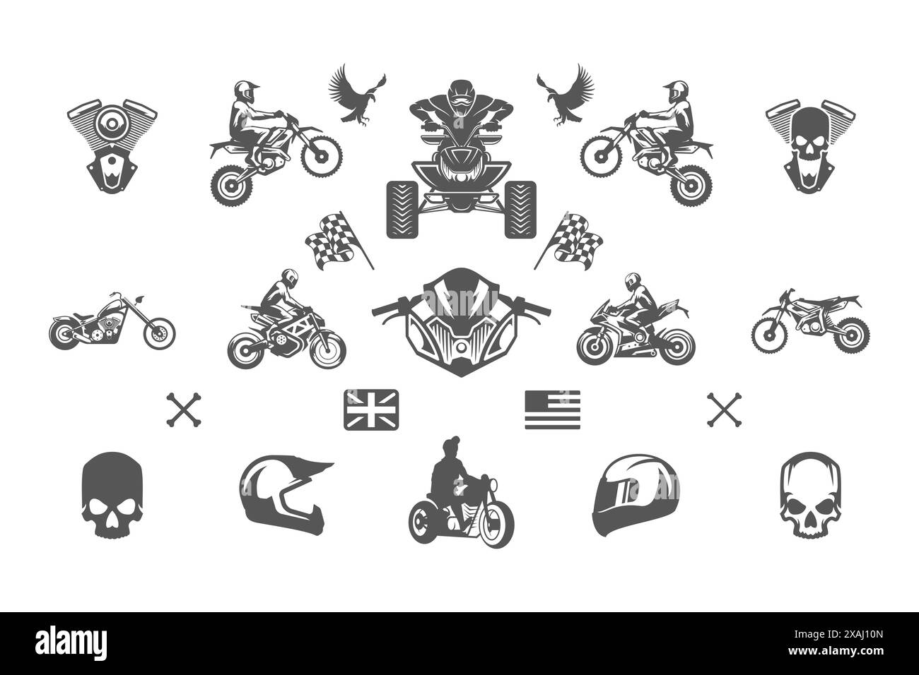 Vintage Custom Motorräder Silhouetten und Symbole isoliert auf weißem Hintergrund Vektor-Illustrationen gesetzt. Fahrer auf Fahrrad, Motorrad, Motor Reparaturen Ziel Stock Vektor