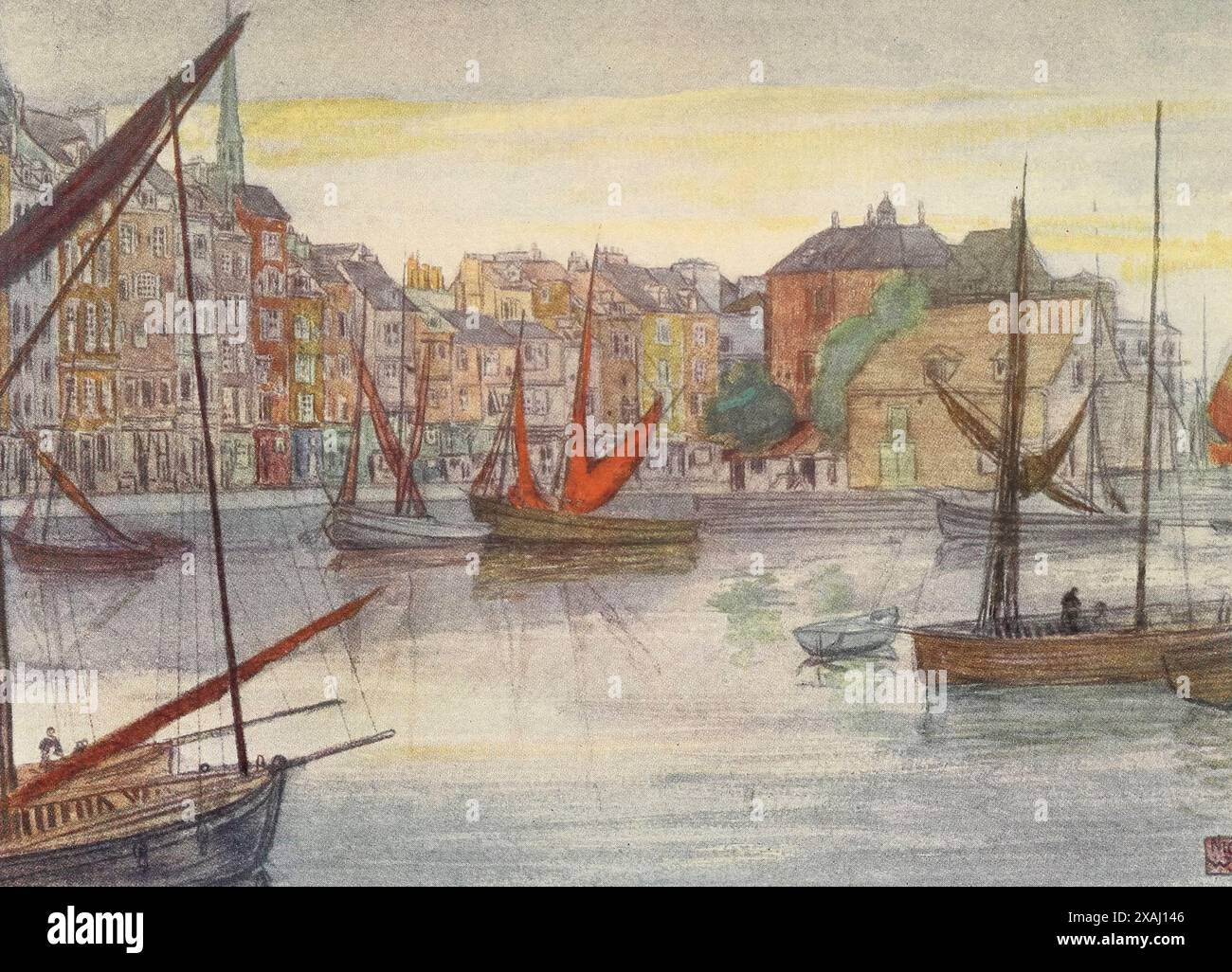 Quai Sainte Catherine, Honfleur aus dem Set Normandie von Nico Jungman; Nicolaas Wilhelm Jungmann (in England häufig Jungman geschrieben; 5. Februar 1872 – 14. August 1935) war ein englisch-niederländischer Maler von Landschaften und figuralen Themen, ein Buchillustrator und Dekorateur. Veröffentlicht 1905 von Charles und Adam Black Stockfoto