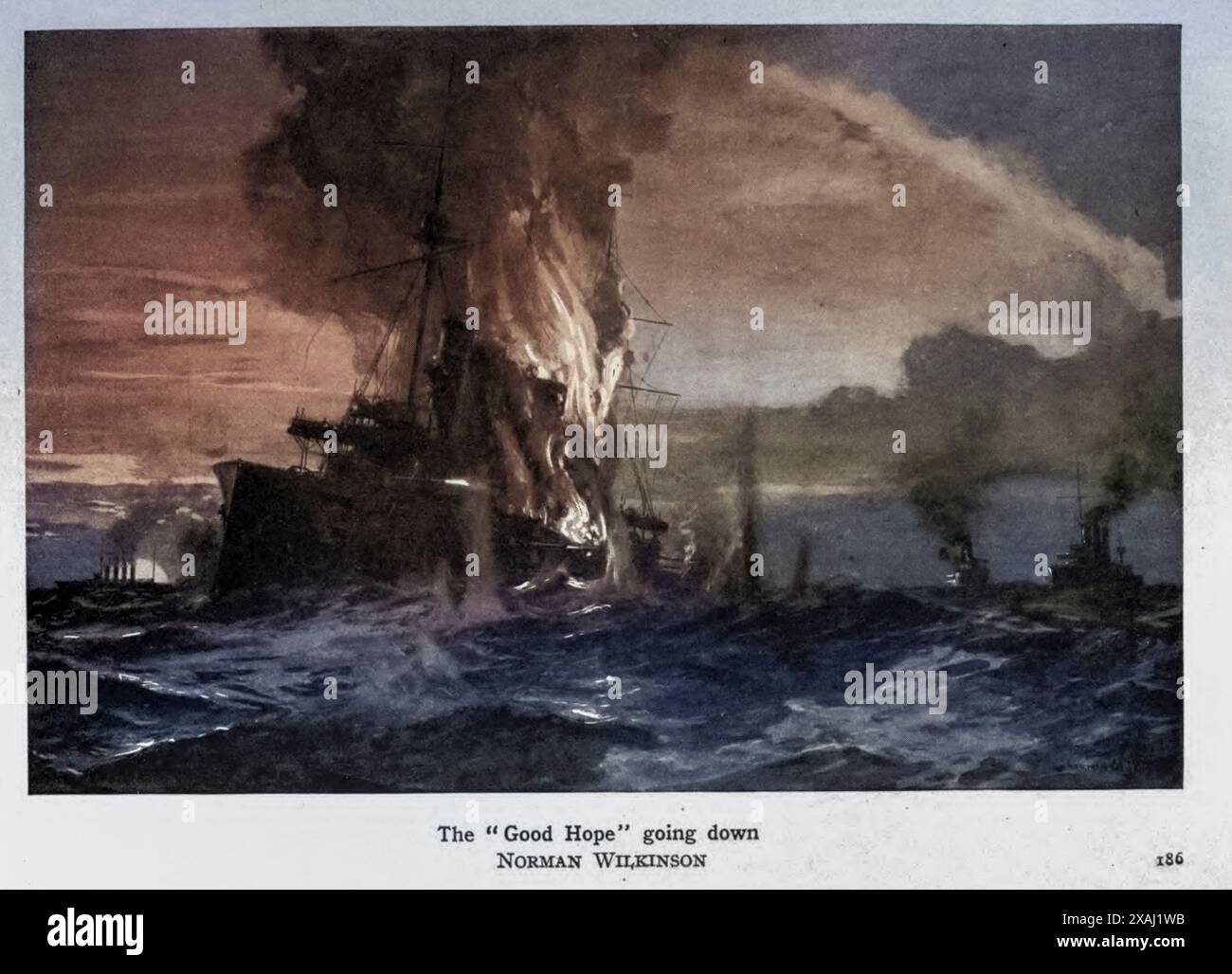 Die HMS Good Hope war eine von vier Panzerkreuzern der Drake-Klasse, die um 1900 für die Royal Navy gebaut wurden; ursprünglich hieß sie Afrika, wurde aber umbenannt, bevor sie gestartet wurde. 1906 wurde sie Flaggschiff der 1st Cruiser Squadron der Atlantischen Flotte und war 1908 Flaggschiff der 2nd Cruiser Squadron. Sie wurde 1913 auf Reserve reduziert, aber Mitte 1914 wieder in Dienst gestellt. Als im August 1914 der Krieg ausgerufen wurde, wurde Good Hope befohlen, die 4th Cruiser Squadron zu verstärken und wurde das Flaggschiff von Konteradmiral Christopher Cradock. Cradock hat die Avai verschoben Stockfoto