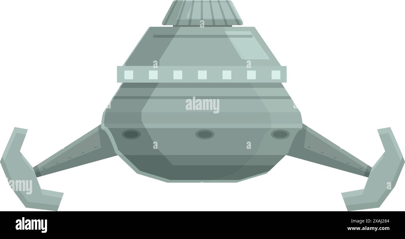 Graues Raumschiff mit vier ausgestreckten Beinen schwimmt im Raum Stock Vektor