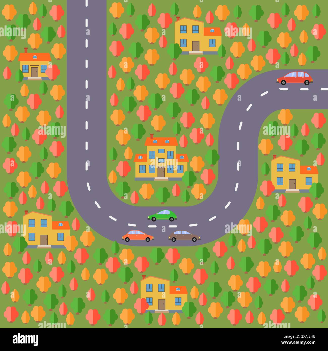 Plan des Dorfes. Landschaft mit Straße, Wald, Autos und Häusern. Vektorabbildung Stock Vektor