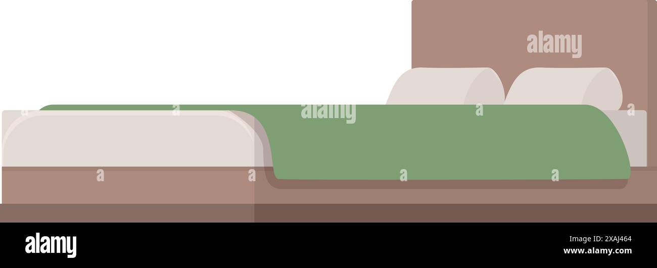 Großes und komfortables Doppelbett mit Holzrahmen, zwei Kissen und grüner Decke, Illustration der Schlafzimmermöbel Stock Vektor