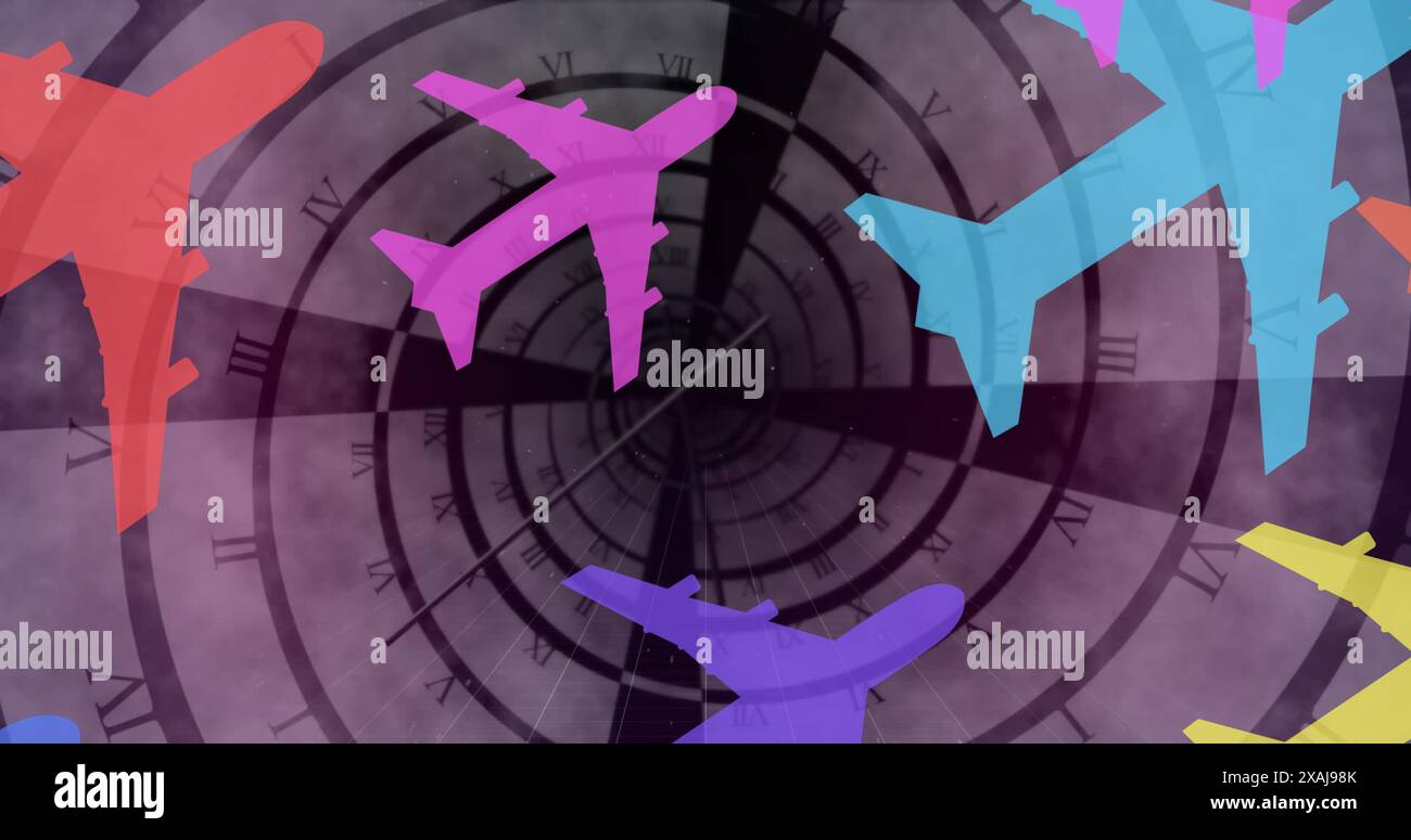 Bild von Ebenensymbolen über Spirale auf grauem Hintergrund Stockfoto