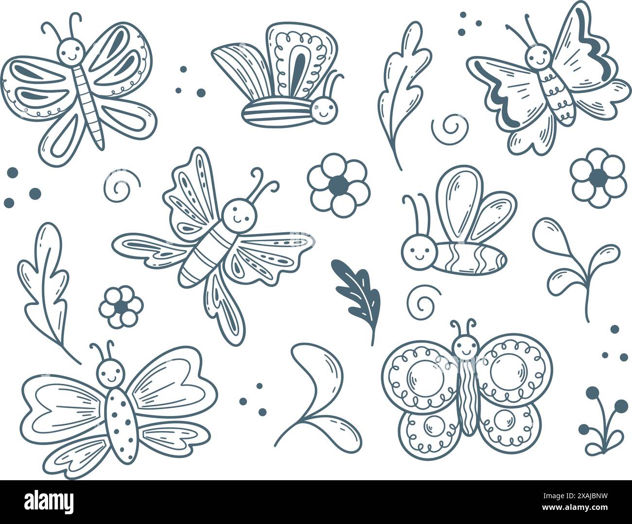 Motten, Blumen und Gras Kritzelstil Set. Junge Schmetterling Tinte süße Linien. Handgezeichnete Schmetterlinge, Vektorgrafiken Stock Vektor