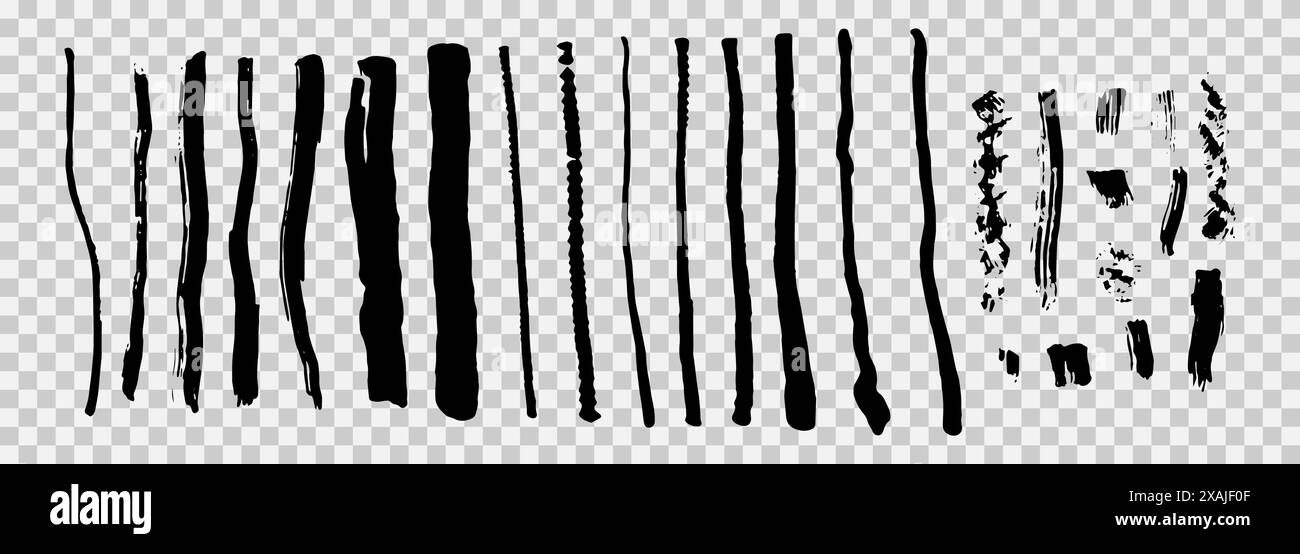 Ein Satz schwarzer Pinselstriche, ein Marker mit ungleichmäßigen Kanten auf transparentem Hintergrund. Bürsten, Hintergründe, schmutzige Texturen und Stock Vektor