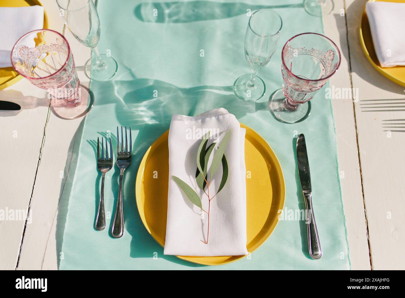 Tropisches Abendessen für Hochzeitsempfang mit Eukalyptus Stockfoto