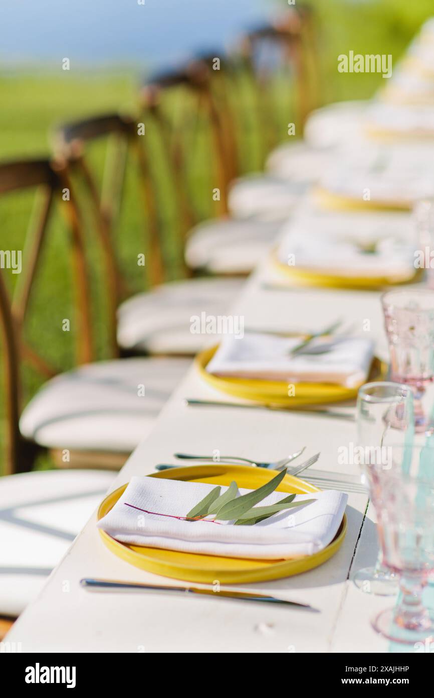 Tropisches Abendessen für Hochzeitsempfang an den Klippen auf Hawaii Stockfoto