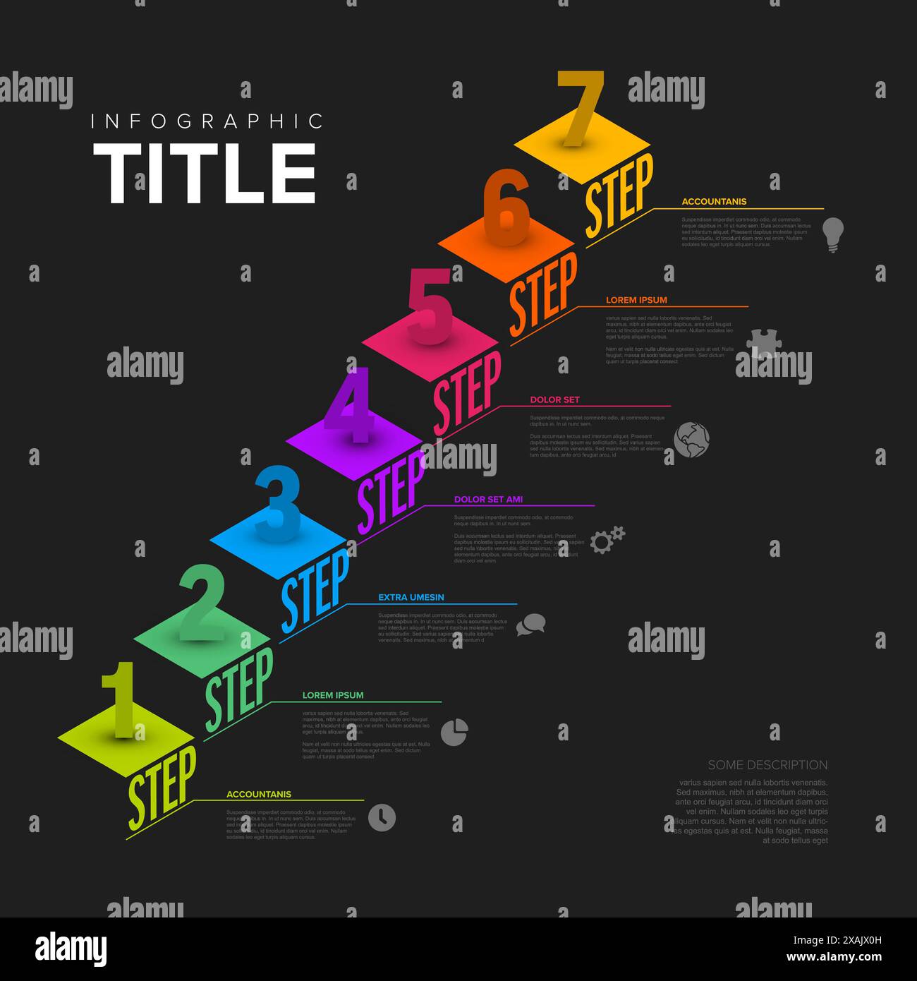 Sieben Isometrieschritte mit Umschreibung großer Zahlen und Symbolen. Universell einsetzbare dunkle Infografik-Vorlage mit sieben Stufen oder als Treppe in frischer Form Stock Vektor