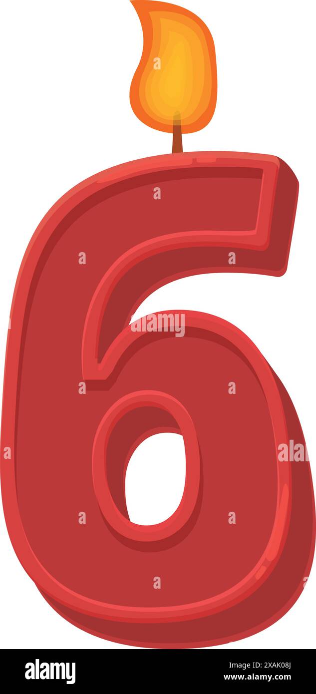 Die rote Geburtstagskerze Nummer sechs brennt mit einer gelben Flamme auf weißem Hintergrund Stock Vektor