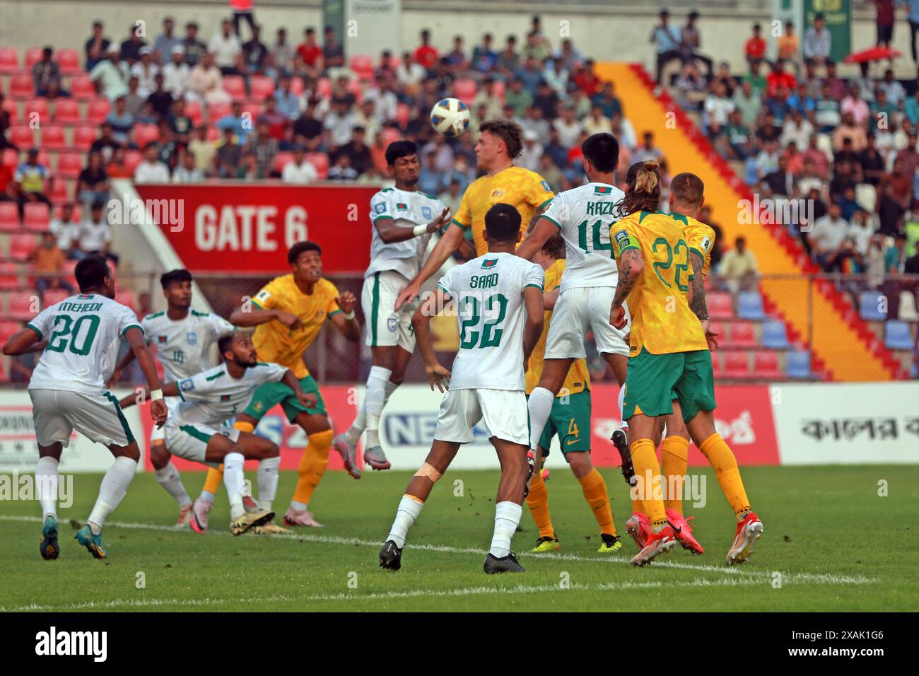 Bangladesch-Australien – zweites Legspiel der Qualifikation zur FIFA-Weltmeisterschaft in der Bashundhara Kings Arena in Dhaka, Bangladesch, 06. Juni 2024. Stockfoto