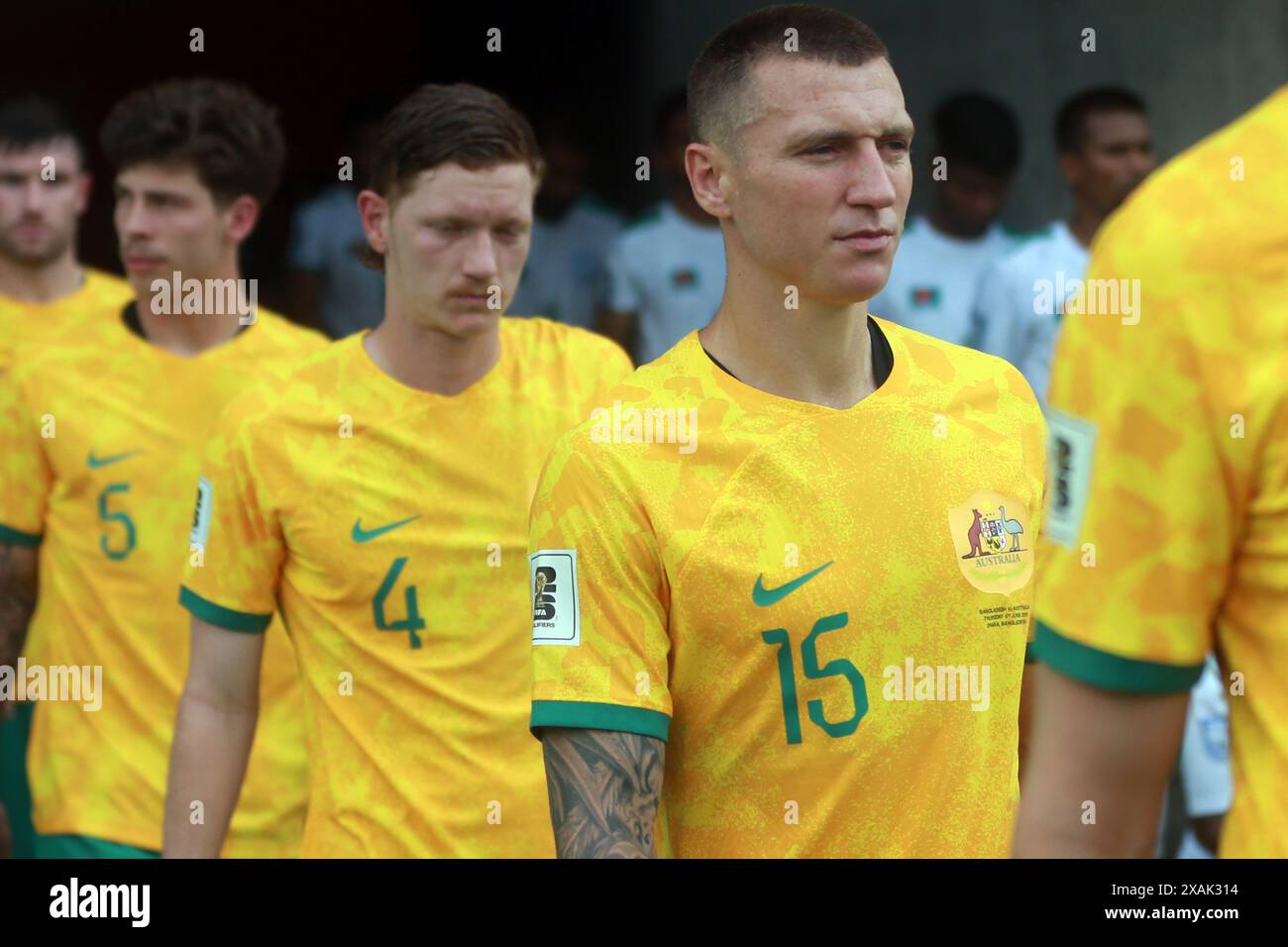 Mitchell Duke vor dem zweiten Legspiel der FIFA-WM-Qualifikation gegen Bangladesch am 6. Juni 2024 in Dhaka, Bangladesch Stockfoto