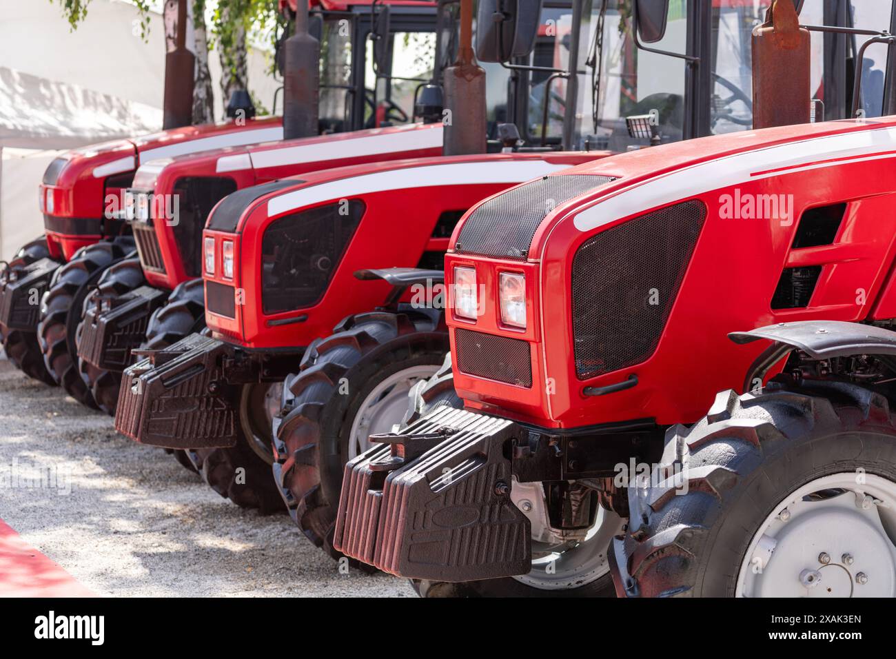 Reihe roter landwirtschaftlicher Traktoren zum Verkauf. Stockfoto