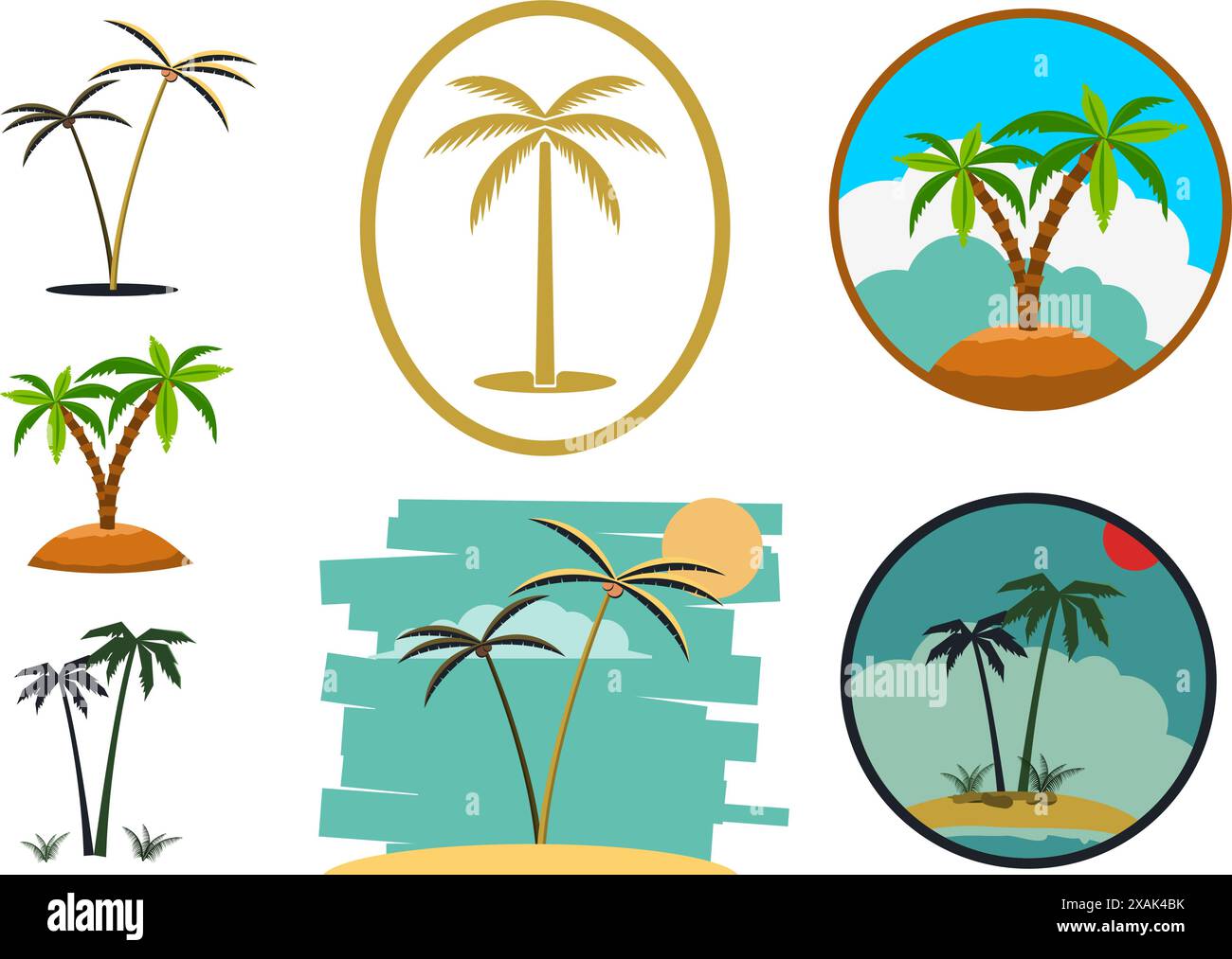 Satz Palmenbezeichnungen und Designelemente. Vintage Palms Illustrationen. Vektor-Designelement für Emblem, Logo, Abzeichen, Schild, Identität, Logo, Stock Vektor