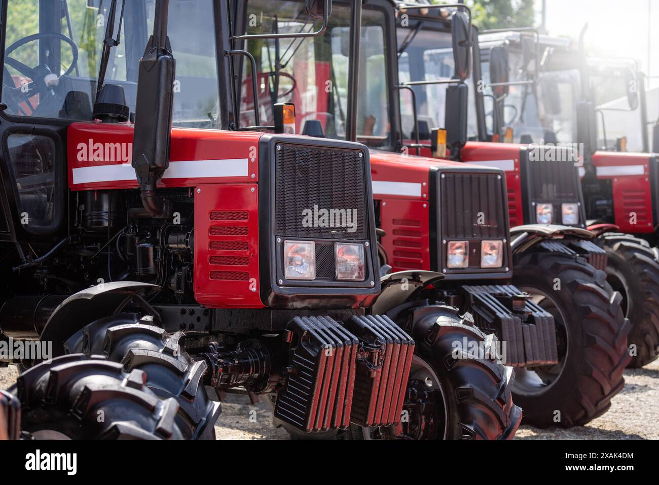 Reihe roter landwirtschaftlicher Traktoren zum Verkauf. Stockfoto