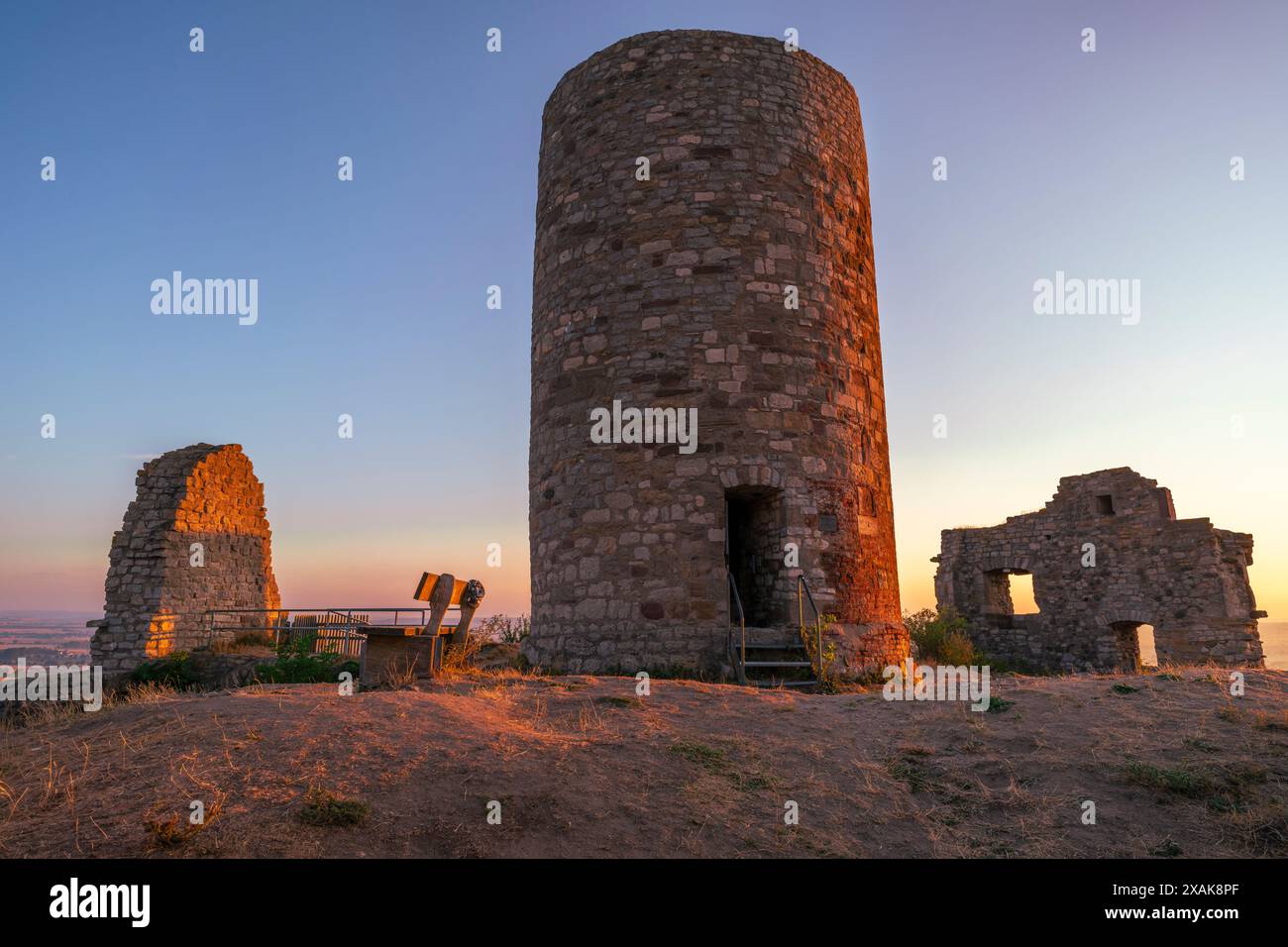 Donjon und Mauern der Burgruine Desenberg in der Warburg Börde bei Sonnenaufgang im Sommer, Warburg, Bezirk Höxter, Nordrhein-Westfalen, Deutschland Stockfoto