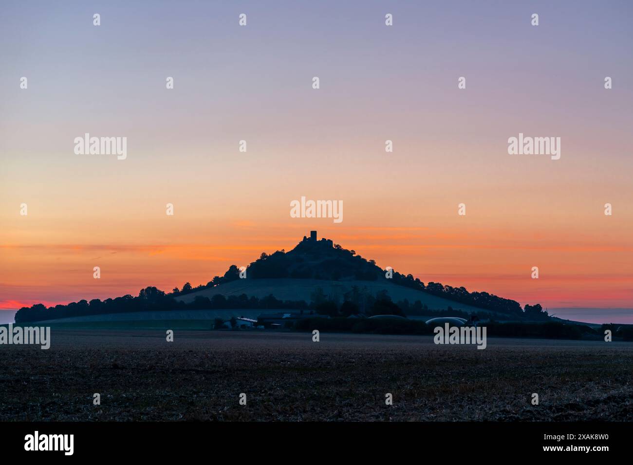 Umriss der Burgruine Desenberg bei Warburg vor Sonnenaufgang, roter Himmel, Bezirk Höxter, Nordrhein-Westfalen, Deutschland Stockfoto