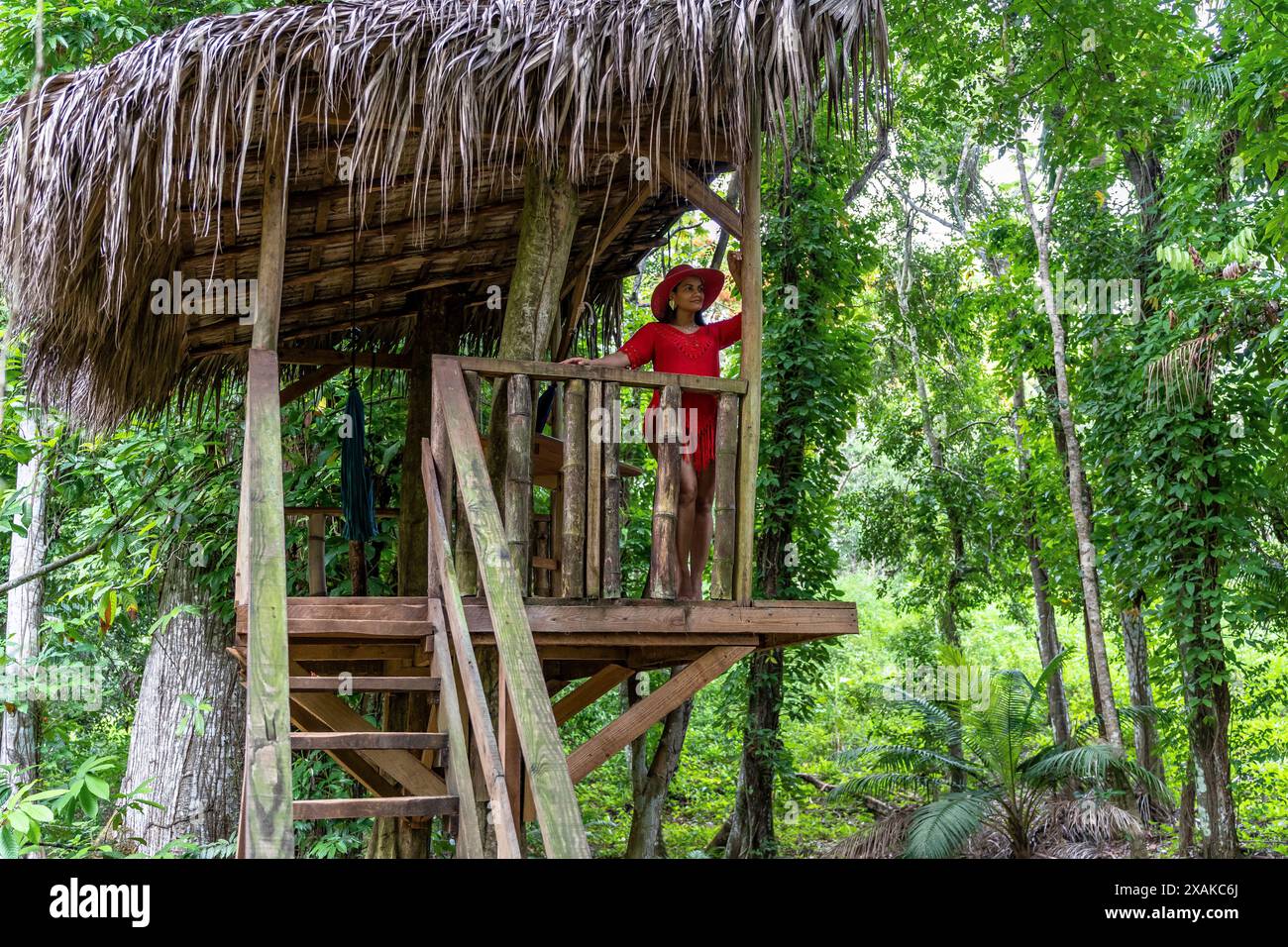 Nordamerika, Karibik, Hispaniola Island, Dominikanische Republik, Monte Plata, Bayaguana, Campo Aventura, hübsche Frau steht auf Aussichtsplattform und schaut in den Dschungel Stockfoto