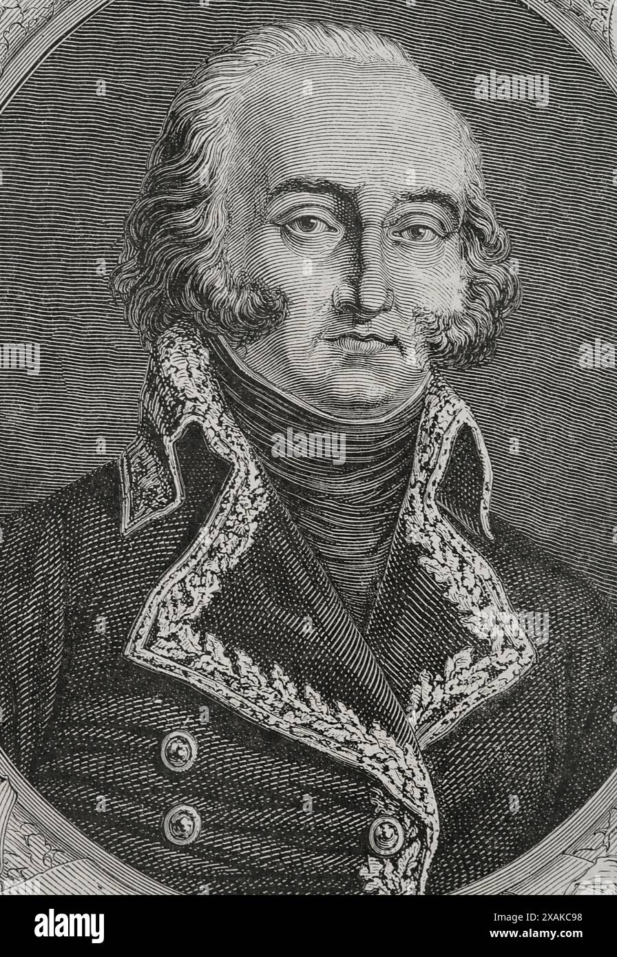 Jean-Baptiste Cyrus de Valence (Jean-Baptiste Cyrus de Timbrune de Thiembronne) (1757-1822). Französischer General, der an den Revolutionären und Napoleonischen Kriegen teilnahm. Hochformat. Gravur. "Geschichte der Französischen Revolution". Band I, 1876. Stockfoto