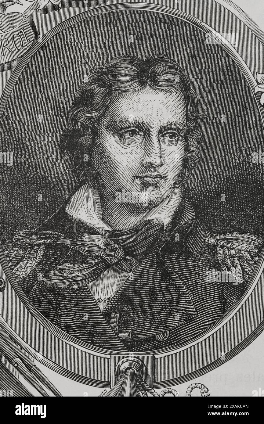 Maurice d'Elbée (Maurice Joseph Louis Gigost d'Elbée) (1752-1794). General der Vendéen-Armee (katholische und königliche Armee von Vendée) während der Französischen Revolution. Hochformat. Gravur. "Geschichte der Französischen Revolution". Band I, 1876. Stockfoto