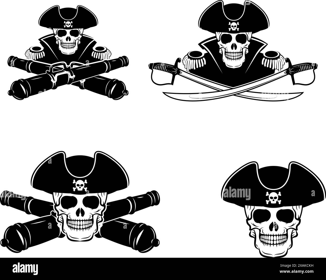 Design-Vorlage für admiral-Etiketten und -Logos. Piratenschädel mit zwei Kreuzschwertern. Vektorabbildung. Stock Vektor