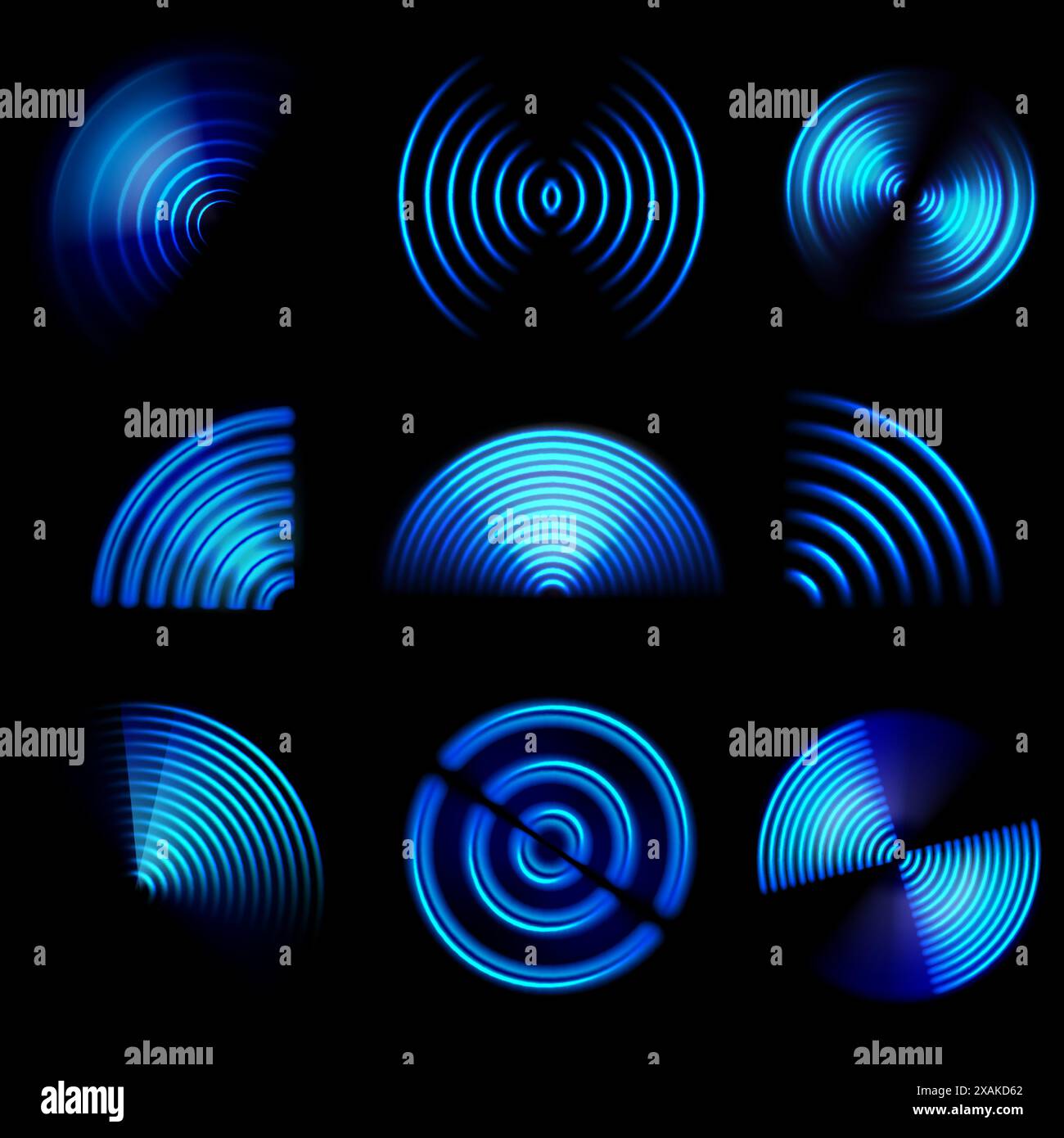WIFI-Lichteffekt. Internet-Router wlan blaue Neonwellen. Signalton für Schallscan. Vektorsatz für Mobiltelefone mit Hotspot-Wireless-Technologie. Technologisches Radar, Netzwerkschutz Stock Vektor