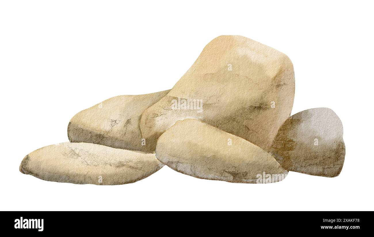 Natürliche Felsen Aquarellillustration in Erdtönen. Handgezeichnete Kunststeine für Landschaftsgestaltung und Naturszenen. Zeichnung von Kieselsteinen für die Gestaltung im nautischen Stil. Skizze geologischer Mineralien. Stockfoto