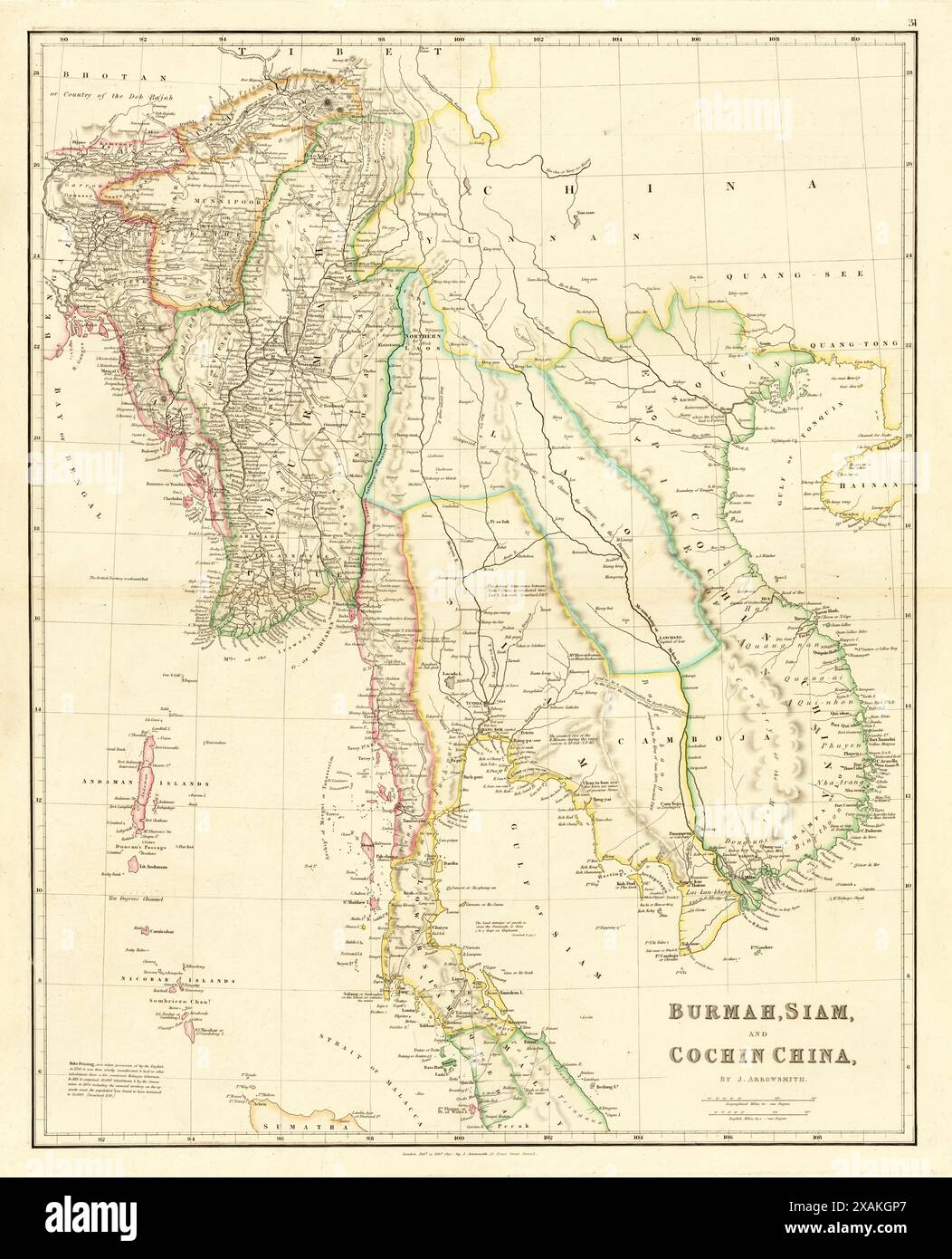 Vintage Collonial Map: Burmah, Siam, Cochin China, jetzt Myanmar, Thailand, Vietnam, auch Laos und Kambodscha. Von J. Arrowsmith, 1832 Stockfoto