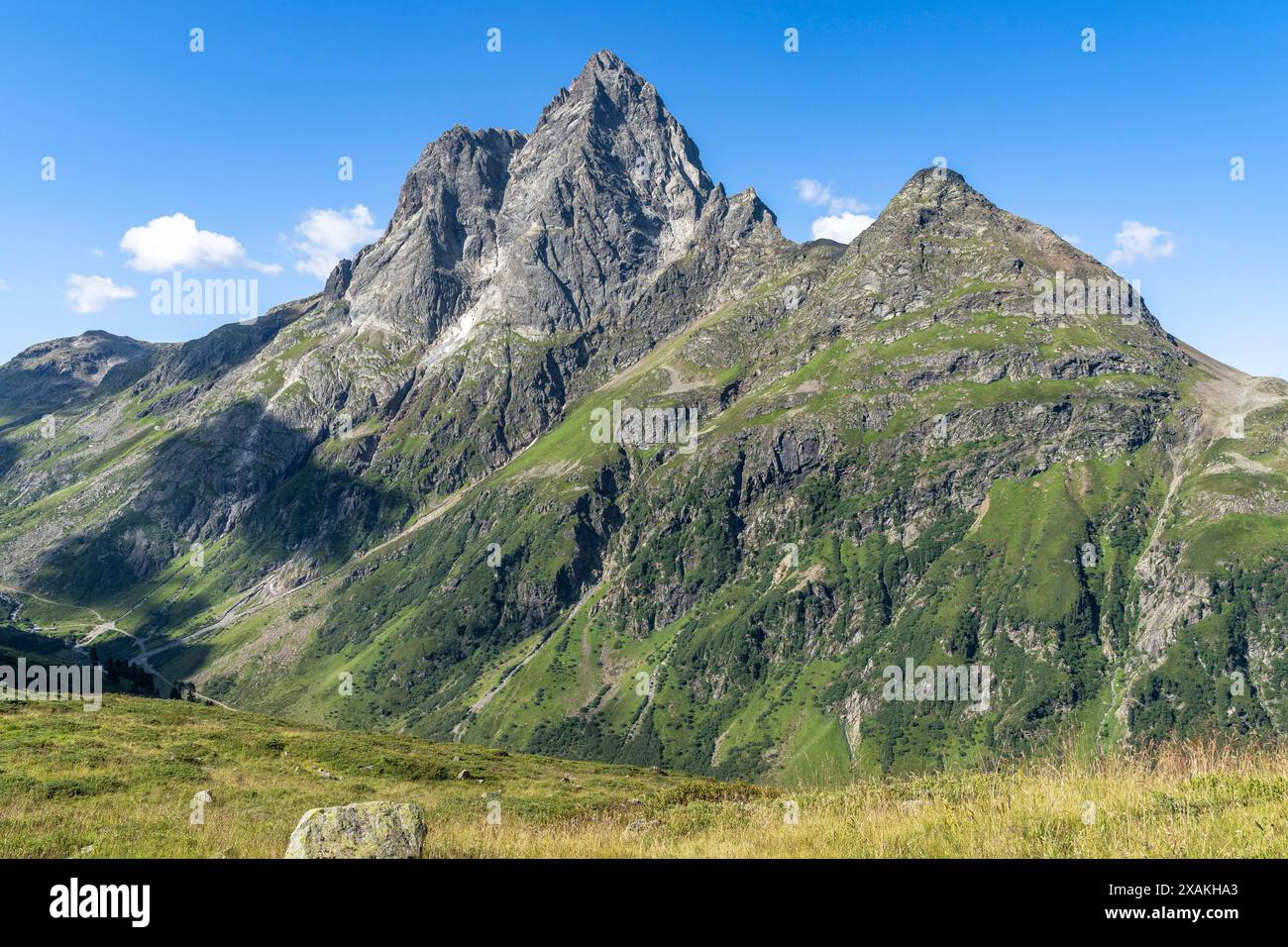Europa, Österreich, Verwall, Tirol, St. Anton am Arlberg, Fasultal, Blick auf das markante Patteriol Stockfoto