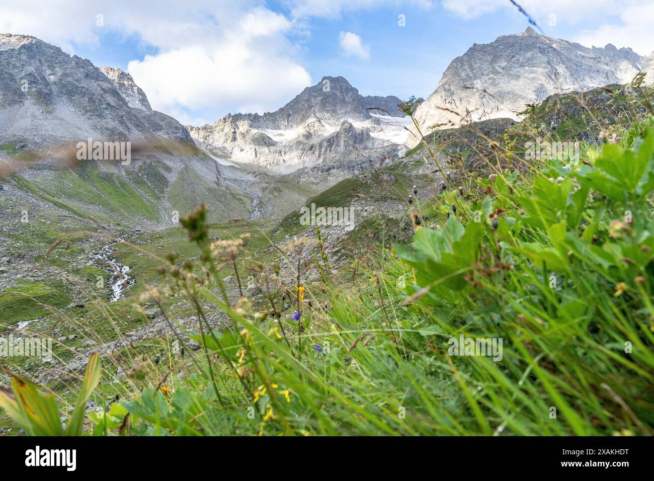 Europa, Österreich, Verwall, Tirol, St. Anton am Arlberg, Talkopf des Moostals mit Küchlspitze und Kuchenspitze Stockfoto