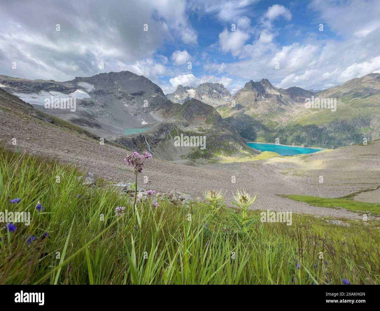 Europa, Österreich, Verwall, Tirol, St. Anton am Arlberg, Bergpanorama des Moostals mit Kartellsee, Saumspitze, Faselfadspitze und Kartellspeicher Stockfoto
