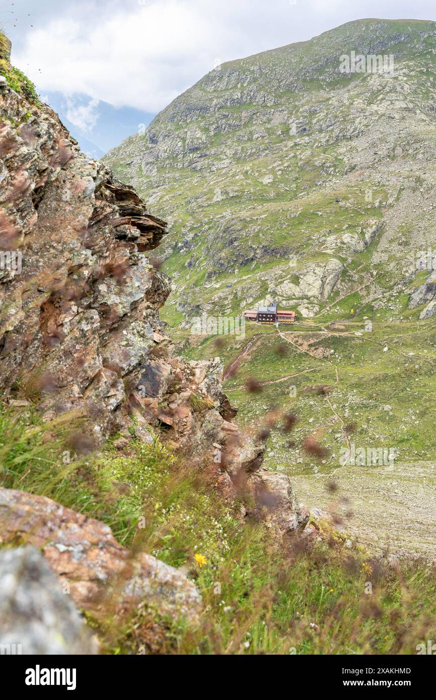 Europa, Österreich, Verwall, Tirol, Pettneu am Arlberg, Blick auf die Edmund-Graf-Hütte Stockfoto